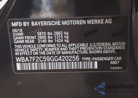 2016 BMW 750I xDrive z USA, uszkodzony, nr VIN WBA7F2C59GG420256